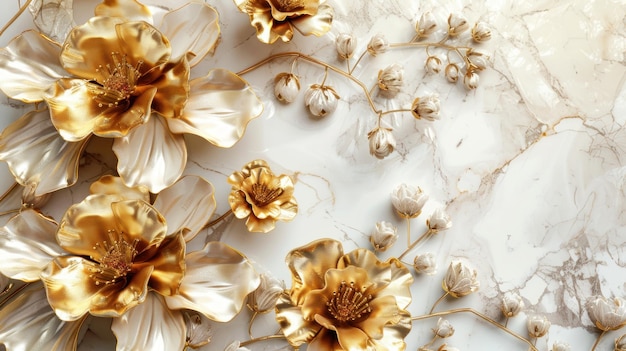 3d golden flowers on a marble background bright challenging colors wallpaper