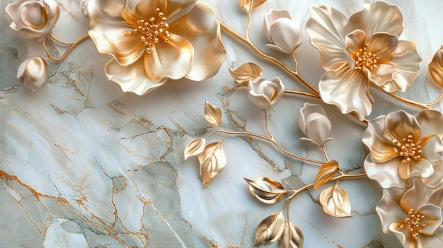 3d golden flowers on a marble background bright challenging colors wallpaper