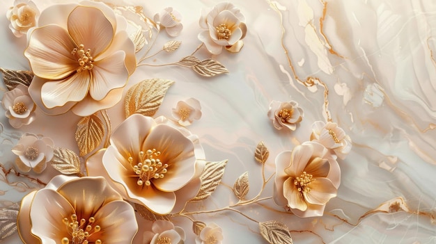 3d golden flowers on a marble background bright challenging colors wallpaper