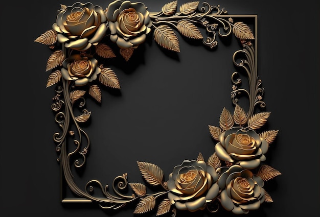 3d golden frame of roses on a dark background with copy space for creative designs