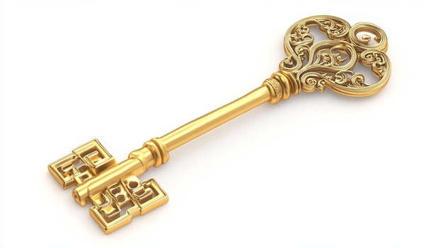 3D Golden Key with Intricate Design Isolated on White Background