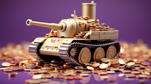 3D Golden Tank Shooting Gold Coins on Purple Background