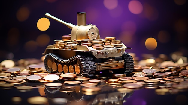 3D Golden Tank Shooting Gold Coins on Purple Background