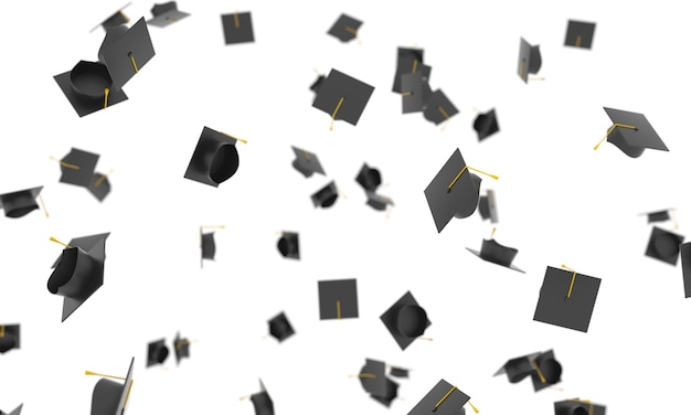 3d Graduation caps University hats falling on white background Academic education Bachelors degree