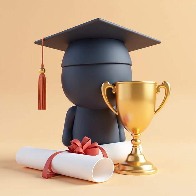 Photo 3d graduation of university college for student graduation hat and diploma with prize winner and golden cup 3d vector education diploma for student award ceremony concept render illustration