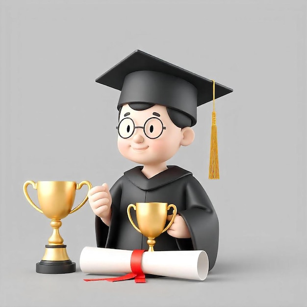 Photo 3d graduation of university college for student graduation hat and diploma with prize winner and golden cup 3d vector education diploma for student award ceremony concept render illustration