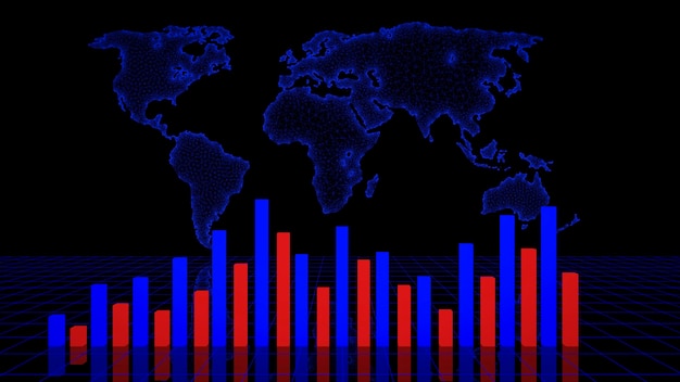 3d graph of the growth and fall of the global market against the background of neon map of the world