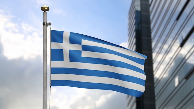 3D, Greek flag waving on wind with modern skyscraper city. Greece banner blowing, soft and smooth silk. Cloth fabric texture ensign background. Use it for national day and country occasions concept.