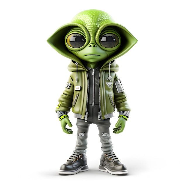 3d of green alien wearing a jacket isolated on white