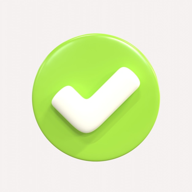 3D green check mark, tick mark glossy round icon. Realistic render yes or correct sign visualization