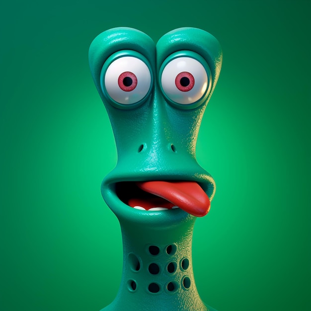 3D green doll with googly eyes and big mouth