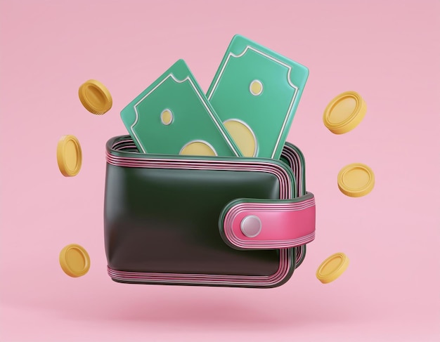 Photo 3d green wallet overflowing with money and coins 3d illustration