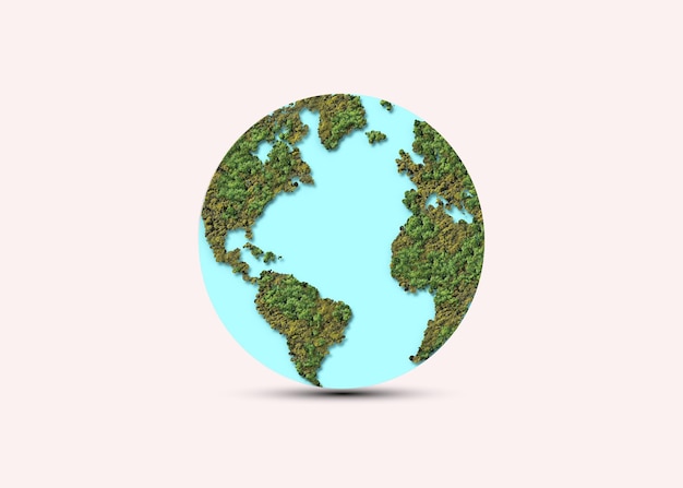 3D Green World Map- Forest and mountain shape of world map isolated on white background.