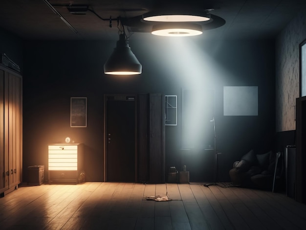 3d grunge room interior with spotlight and smoky atmosphere background