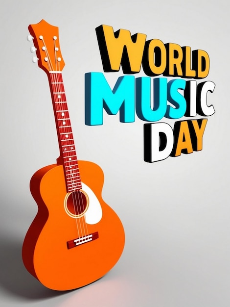 A 3d guitar sign on background with 3d typography world music day