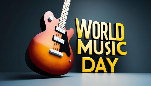 A 3d guitar sign on background with 3d typography world music day