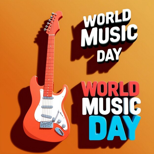 A 3d guitar sign on background with 3d typography world music day