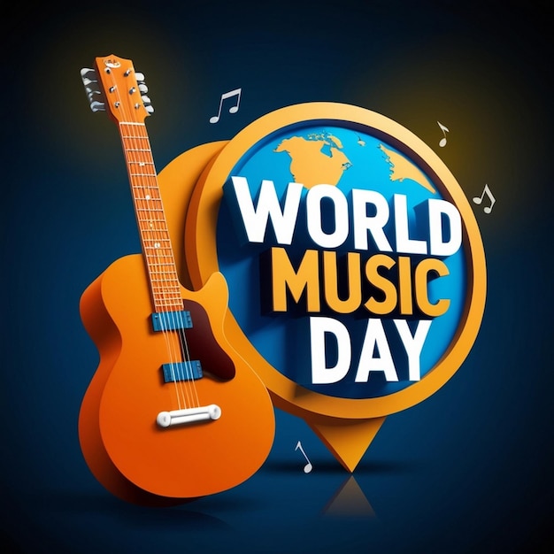 A 3d guitar sign on background with 3d typography world music day