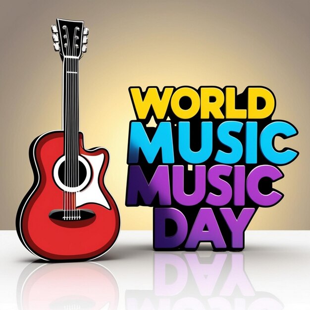 A 3d guitar sign on background with 3d typography world music day