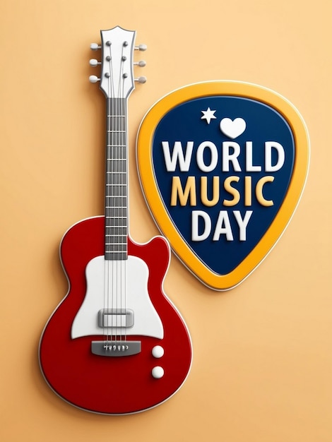 A 3d guitar sign on background with 3d typography world music day