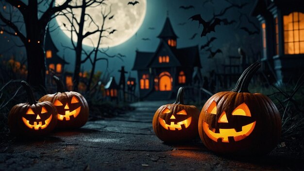 3D Halloween background with spooky castle and pumpkins