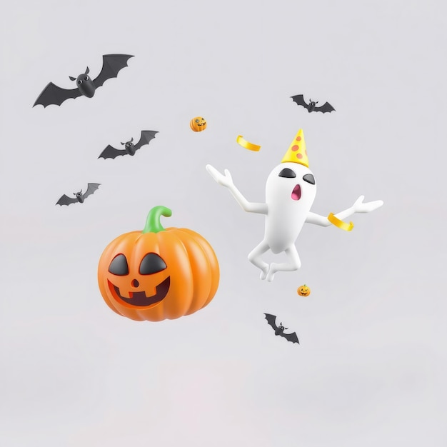 Photo 3d halloween character wearing a party hat with pumpkins and bats floating around