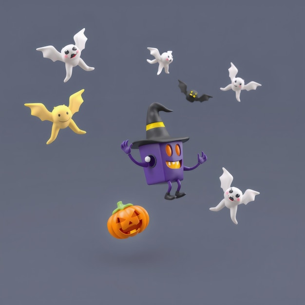 Photo 3d halloween characters and pumpkins on grey background