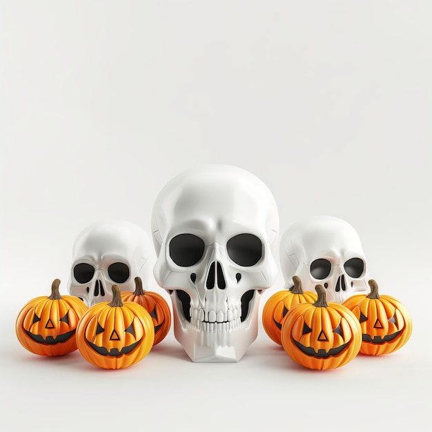 3d halloween decoration orange pumpkins and white skulls on plain background festival holiday