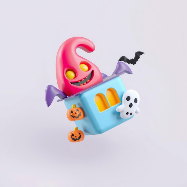 3D Halloween ghost pumpkin bat and house on a white background