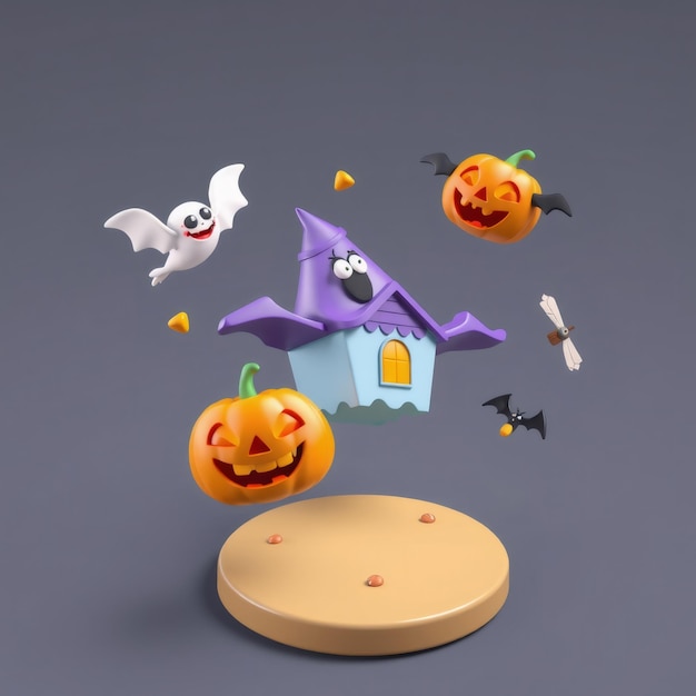 Photo 3d halloween illustration with pumpkins ghost and a haunted house