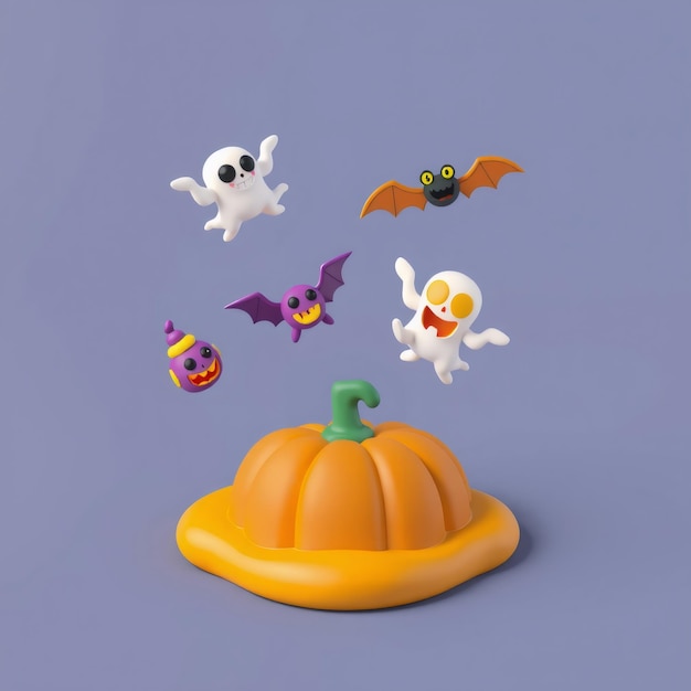 Photo 3d halloween pumpkin with flying ghosts and bats