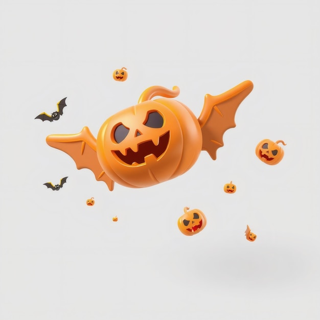 Photo 3d halloween pumpkins and bats flying against a white background