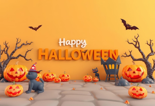 3D Halloween scene with pumpkins black cat and spooky house