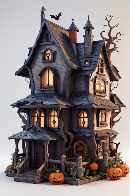 3d halloween witch house on white background