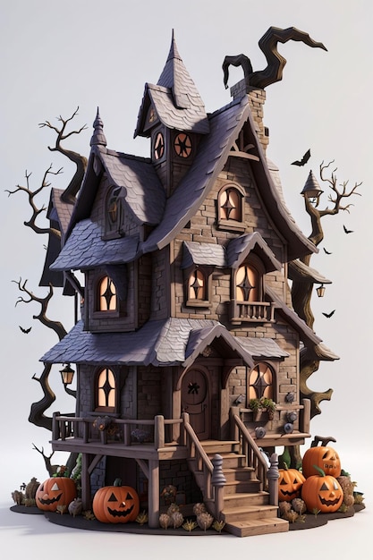 3d halloween witch house on white background