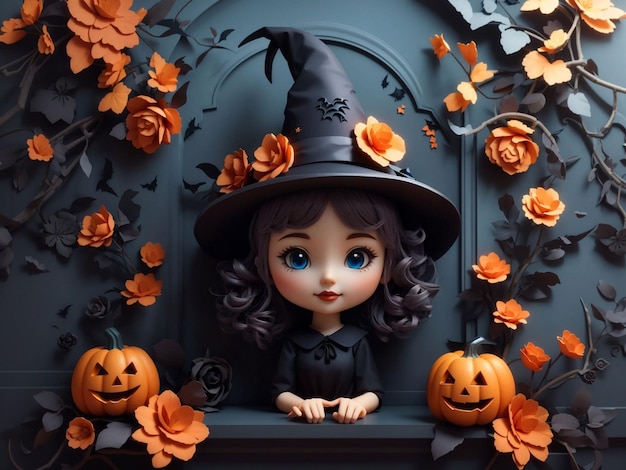 3d Halloween Witches in Towncute witch in wall floral halloween background Halloween witch cooking