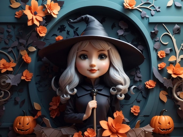 3d Halloween Witches in Towncute witch in wall floral halloween background Halloween witch cooking