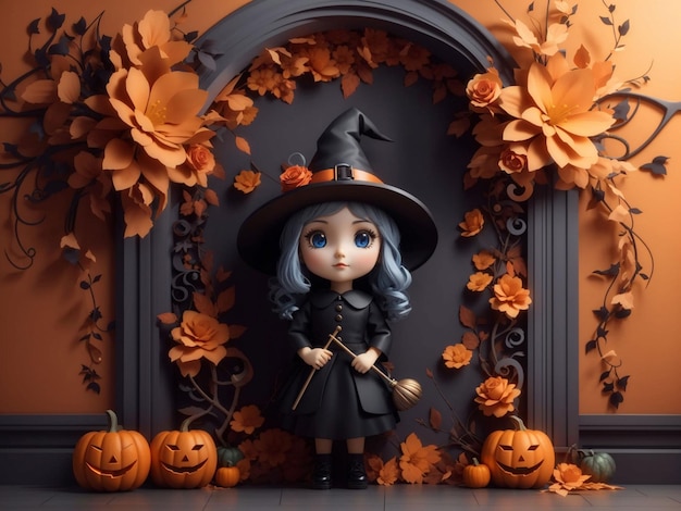 3d Halloween Witches in Towncute witch in wall floral halloween background Halloween witch cooking