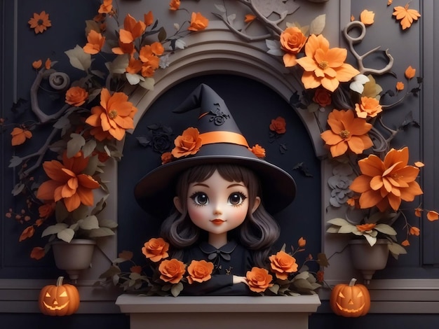 3d Halloween Witches in Towncute witch in wall floral halloween background Halloween witch cooking