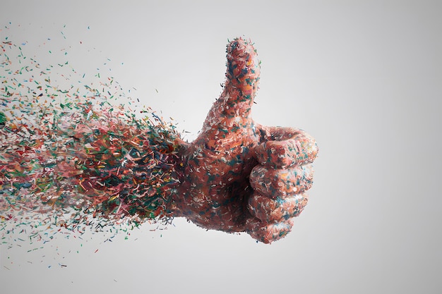 3D hand giving thumbs up composed of colorful particles white background