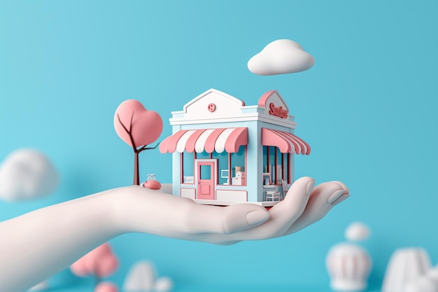 3D Hand holding Commercial building for lease or purchase Ecommerce idea Trade and trade Agent for purchasers Innovative basic layout isolated on blue and white backdrop