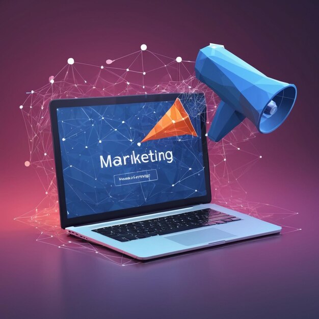 3d hand holding megaphone coming out from laptop digital marketingxa