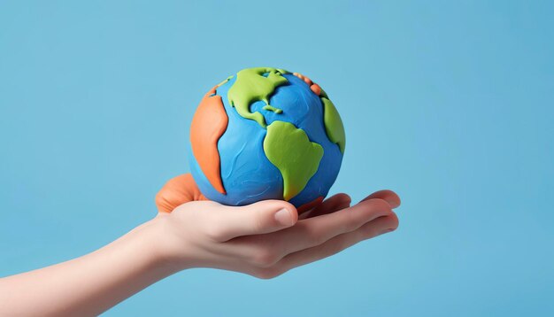 3d hand holding planet earth from plasticine isolated on blue background world clay toy icon earth day concept