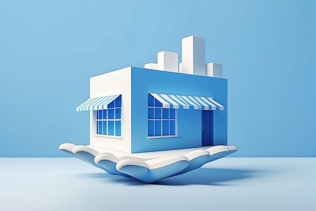 3D Hand holding Store building Shop rental or sale Online shopping concept Business