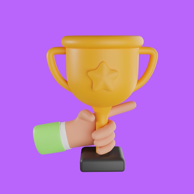 3D Hand holding Trophy cup. 3d trophy cup in hand icon. 3d celebrate winners with golden cup, prize