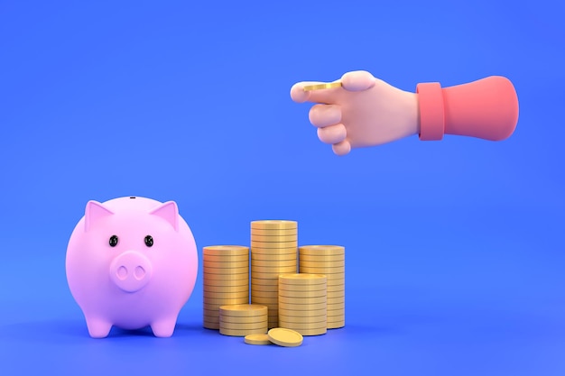 3D Hand putting a coin into pink piggy bank and stacking coin for saving conceptxA