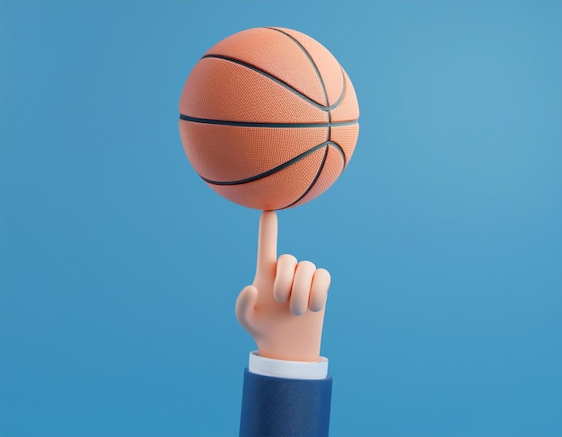 Photo 3d hand in a suit spins a basketball on its index finger 3d illustration