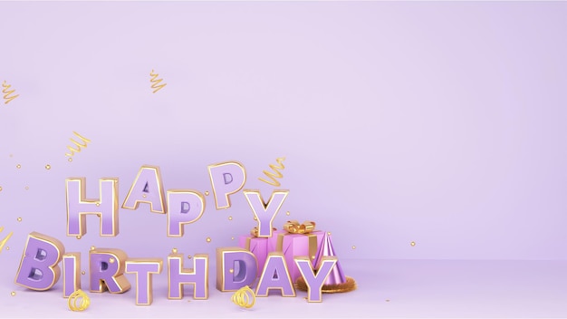 3D Happy Birthday Text With Gift Boxes Party Hat Golden Tiny Balls And Spiral Ribbon On Pastel Purple Background