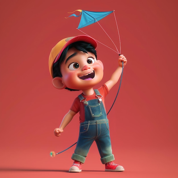 3D Happy Boy Wearing A Cap And Overalls Holding A Kite And Looking Up With Excitement