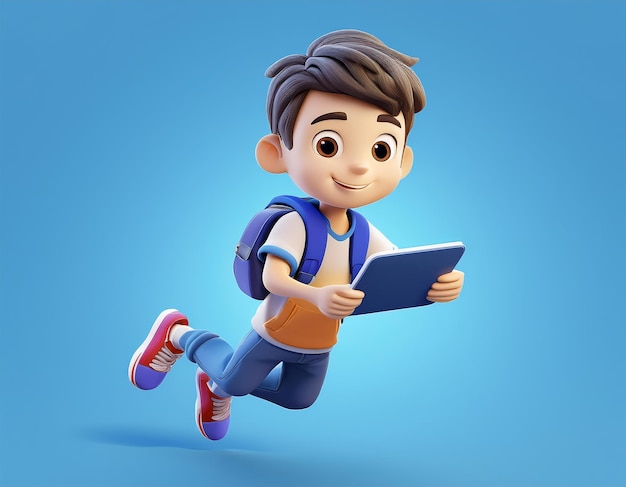 3D happy boy with a backpack flies through the air looking at a tablet 3D illustration